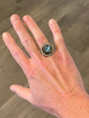 Round Smoky Blue Cocktail Ring with Pavé Halo - Women Jewelry